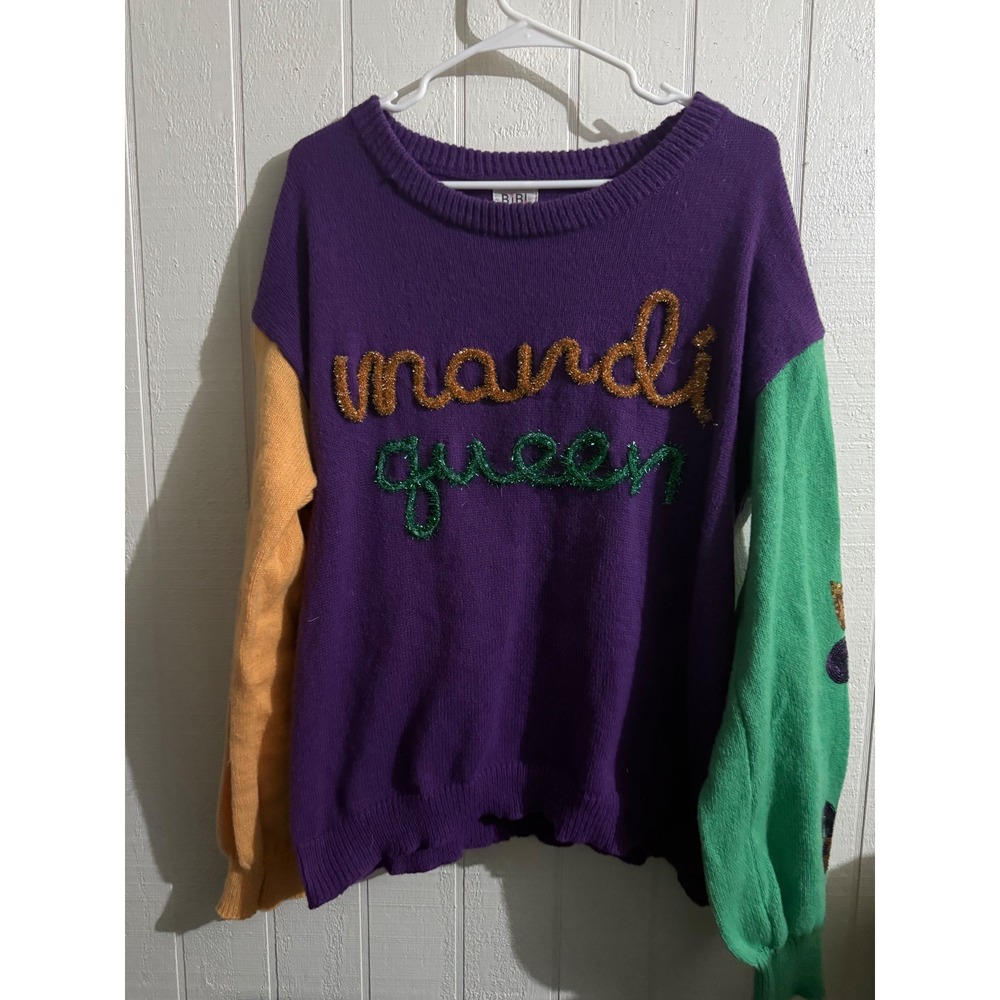 BiBi Mardi Queen Sweater Colorblock Sequin Fleur De Lis Purple Green Gold Large